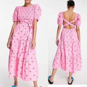 Neon Rose Floral Smocked Cherry Midi  Dress 20